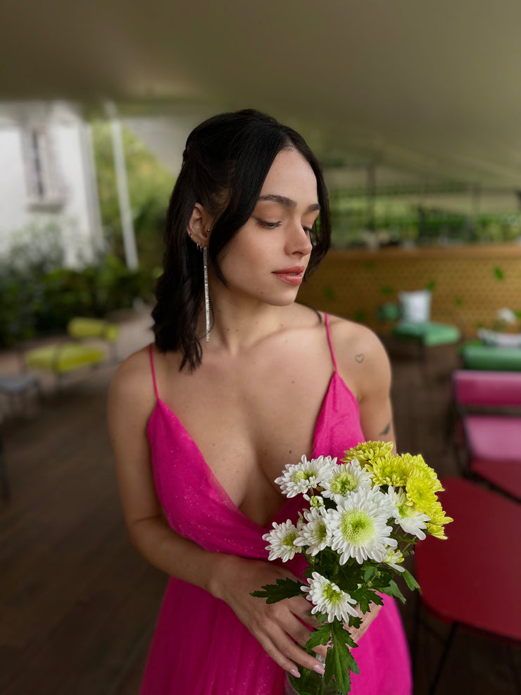 Vestito lungo rosa con top brillantini